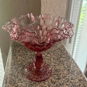 8” x 7 1/4”Fenton Glass footed bowl compote with double ruffled rim.  I